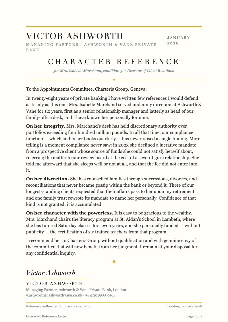 Luxury premium character reference letter